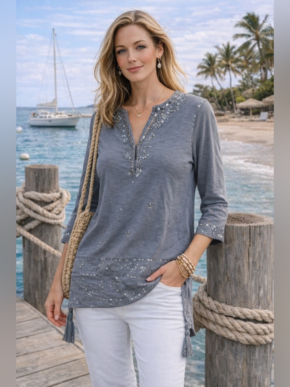 Soft Surroundings Gray Sequin Tassel Tunic Top Size Petite XS Boho Chic Cotton